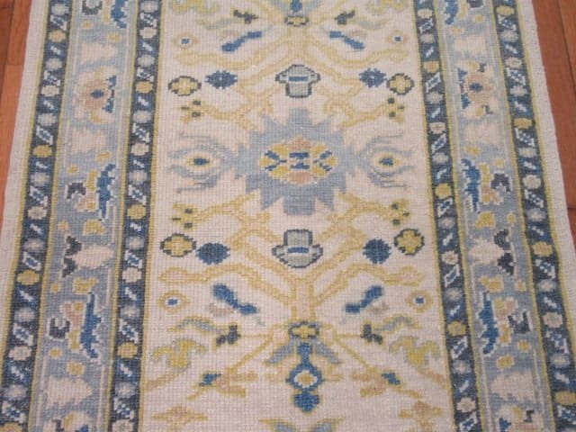 3′ x 8′ Light Blue Fine Hand-Knotted Turkish Oushak Runner Rug – Transitional Wool