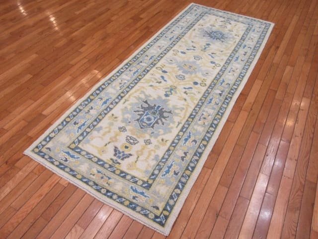 3′ x 8′ Light Blue Fine Hand-Knotted Turkish Oushak Runner Rug – Transitional Wool