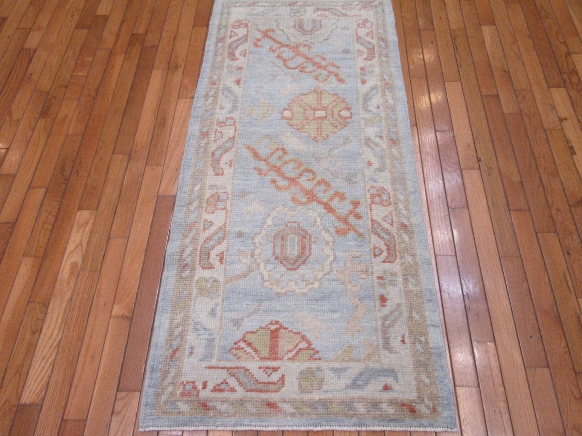 2′ x 5′ Blue Fine Hand-Knotted Turkish Oushak Rug – Traditional Wool