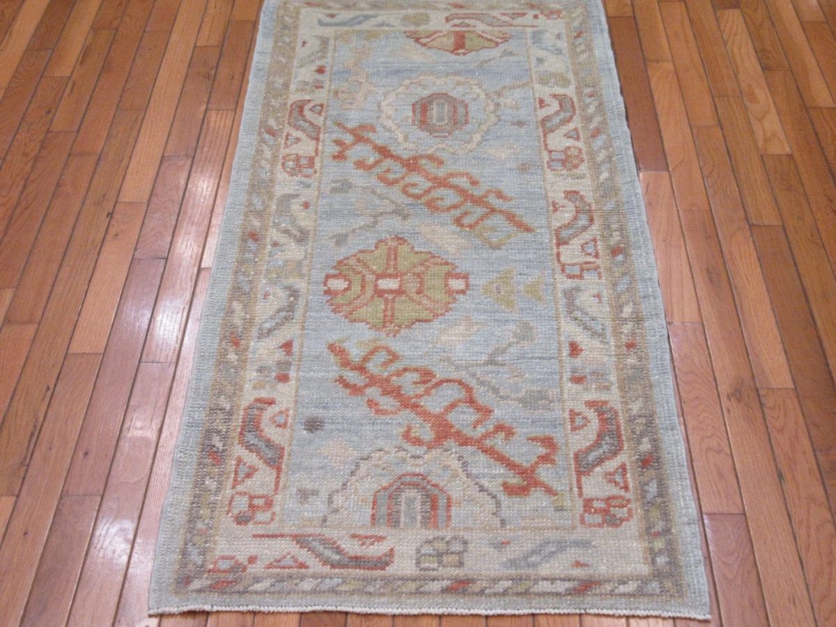 2′ x 5′ Blue Fine Hand-Knotted Turkish Oushak Rug – Traditional Wool