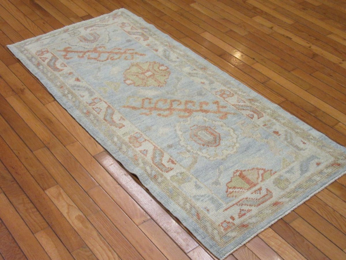 2′ x 5′ Blue Fine Hand-Knotted Turkish Oushak Rug – Traditional Wool