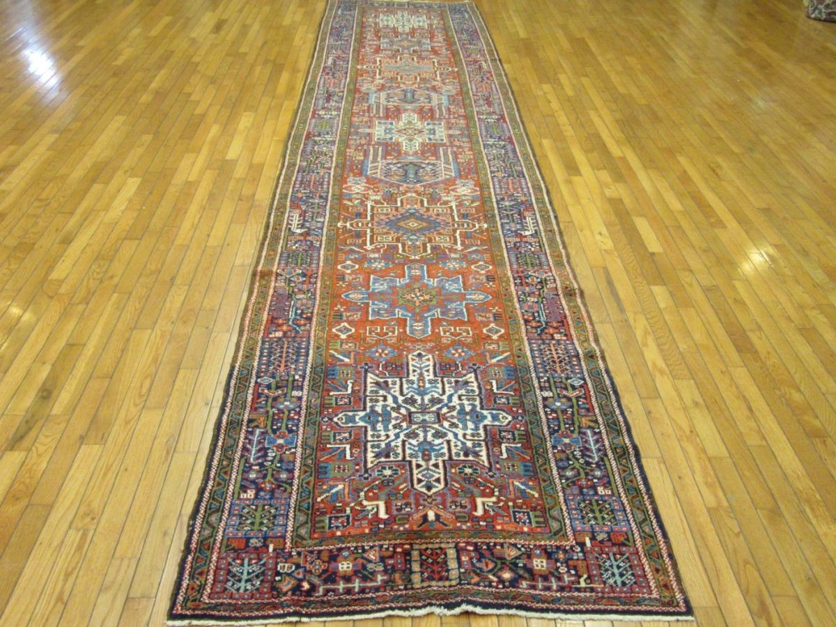 4′ x 16′ Persia Red Navy Karajeh Runner Rug Traditional Hand Knotted Wool