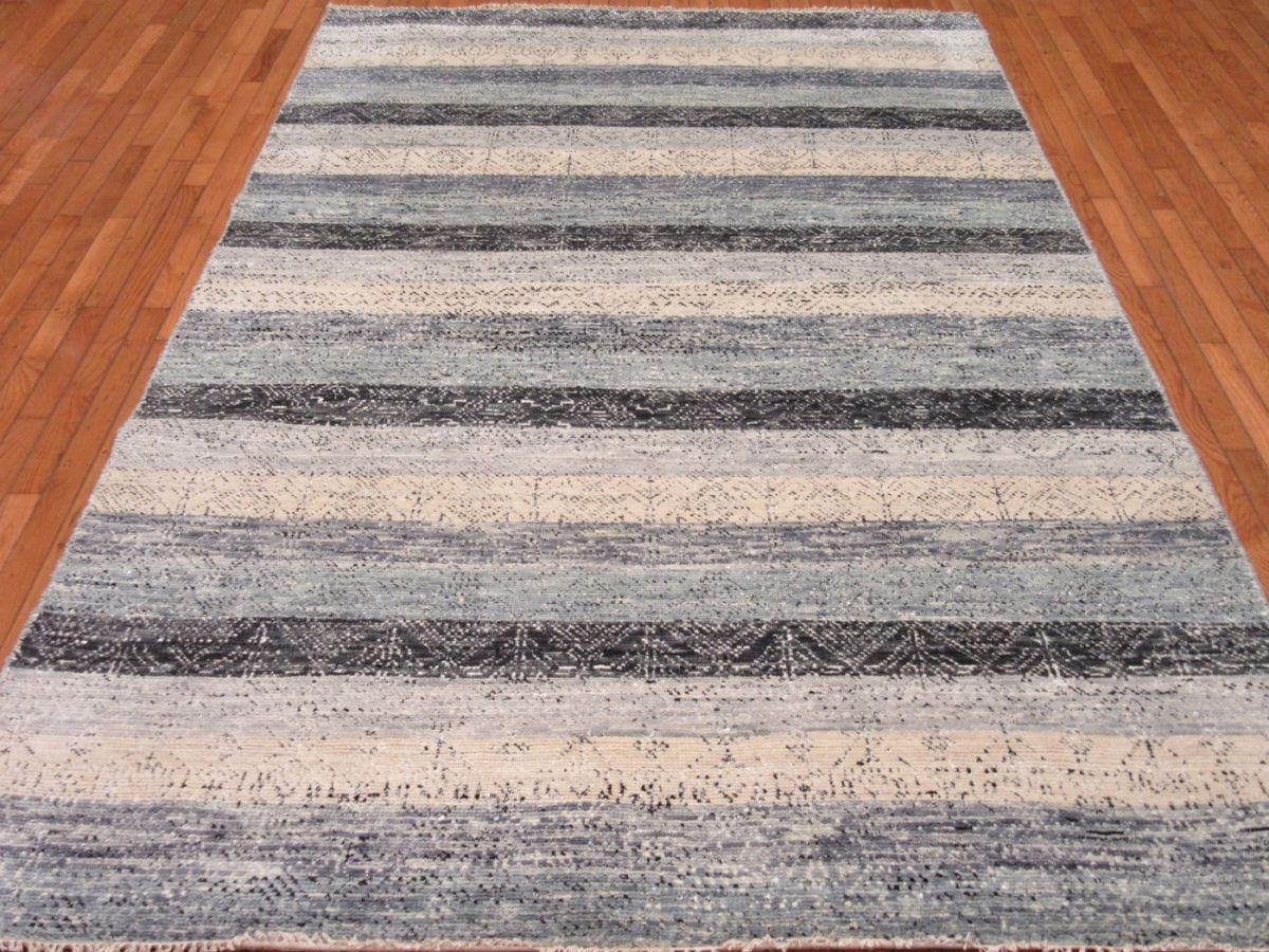 6′ x 9′ Indian Gray Ivory Striped Rug Modern Wool - 1 6′ x 9′ Indian Gray Ivory Striped Rug Modern Wool