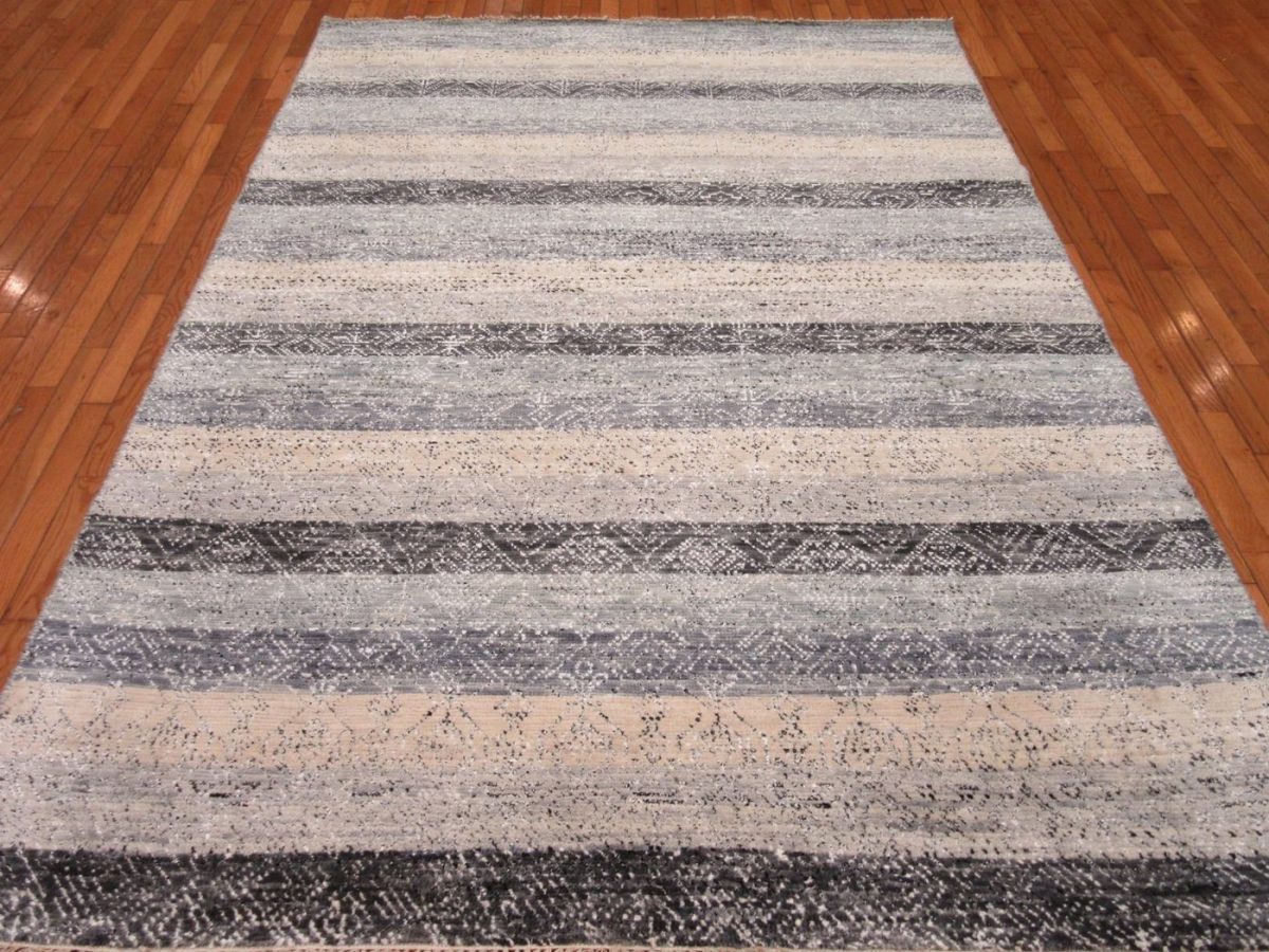 6′ x 9′ Indian Gray Ivory Striped Rug Modern Wool - 3 6′ x 9′ Indian Gray Ivory Striped Rug Modern Wool
