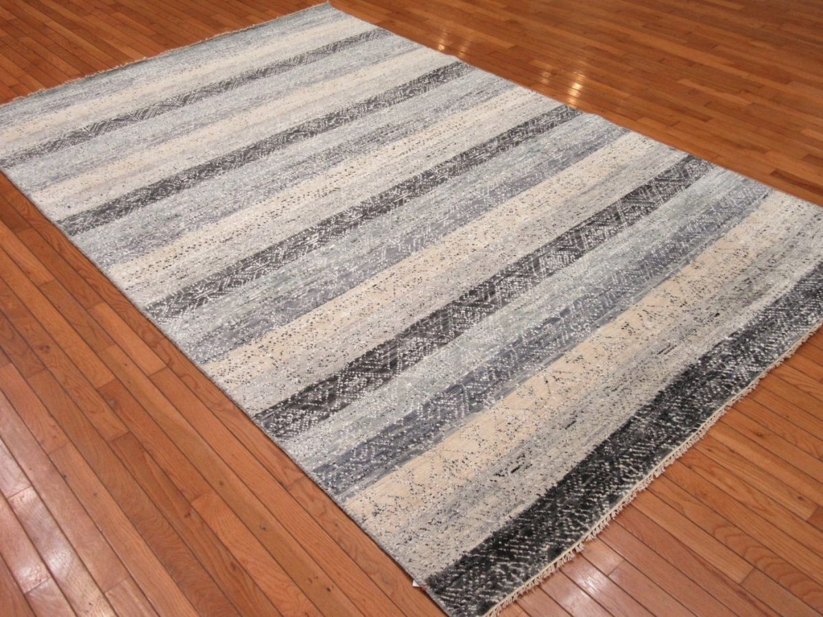 6′ x 9′ Indian Gray Ivory Striped Rug Modern Wool - 5 6′ x 9′ Indian Gray Ivory Striped Rug Modern Wool