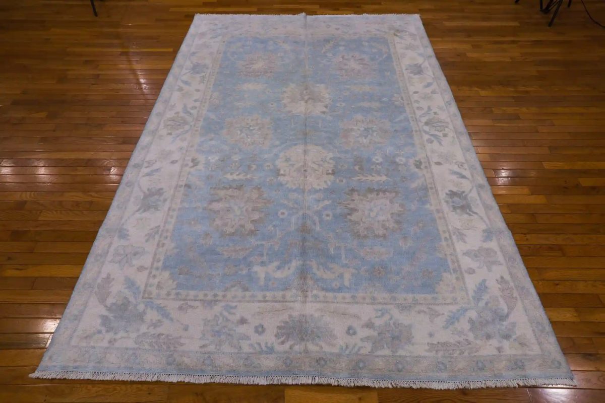 6′ x 9′ Blue Fine Hand-Knotted India Oushak Rug – Transitional Wool