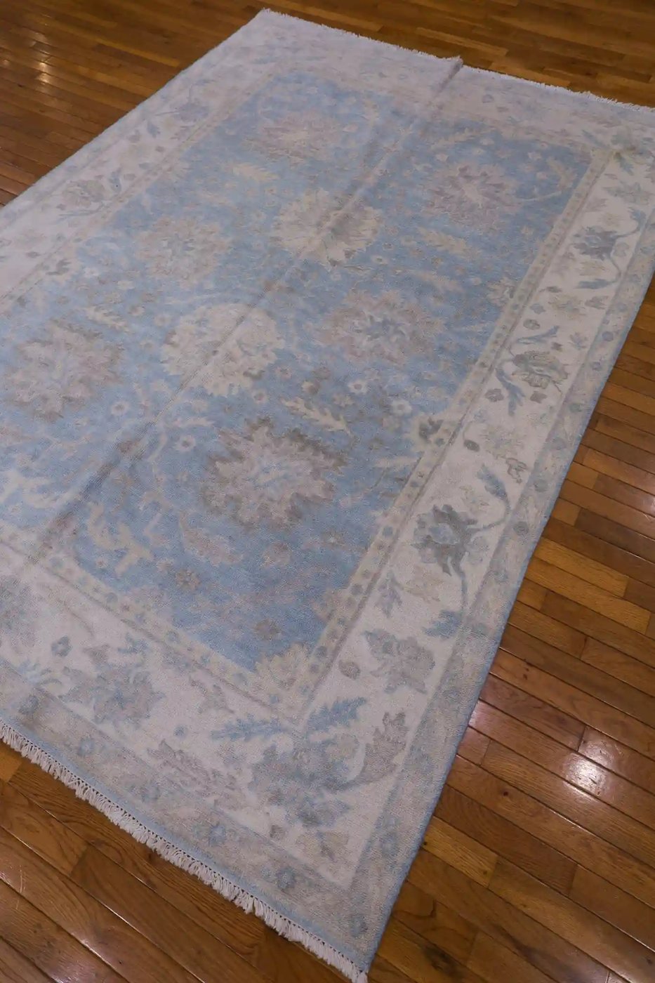 6′ x 9′ Blue Fine Hand-Knotted India Oushak Rug – Transitional Wool