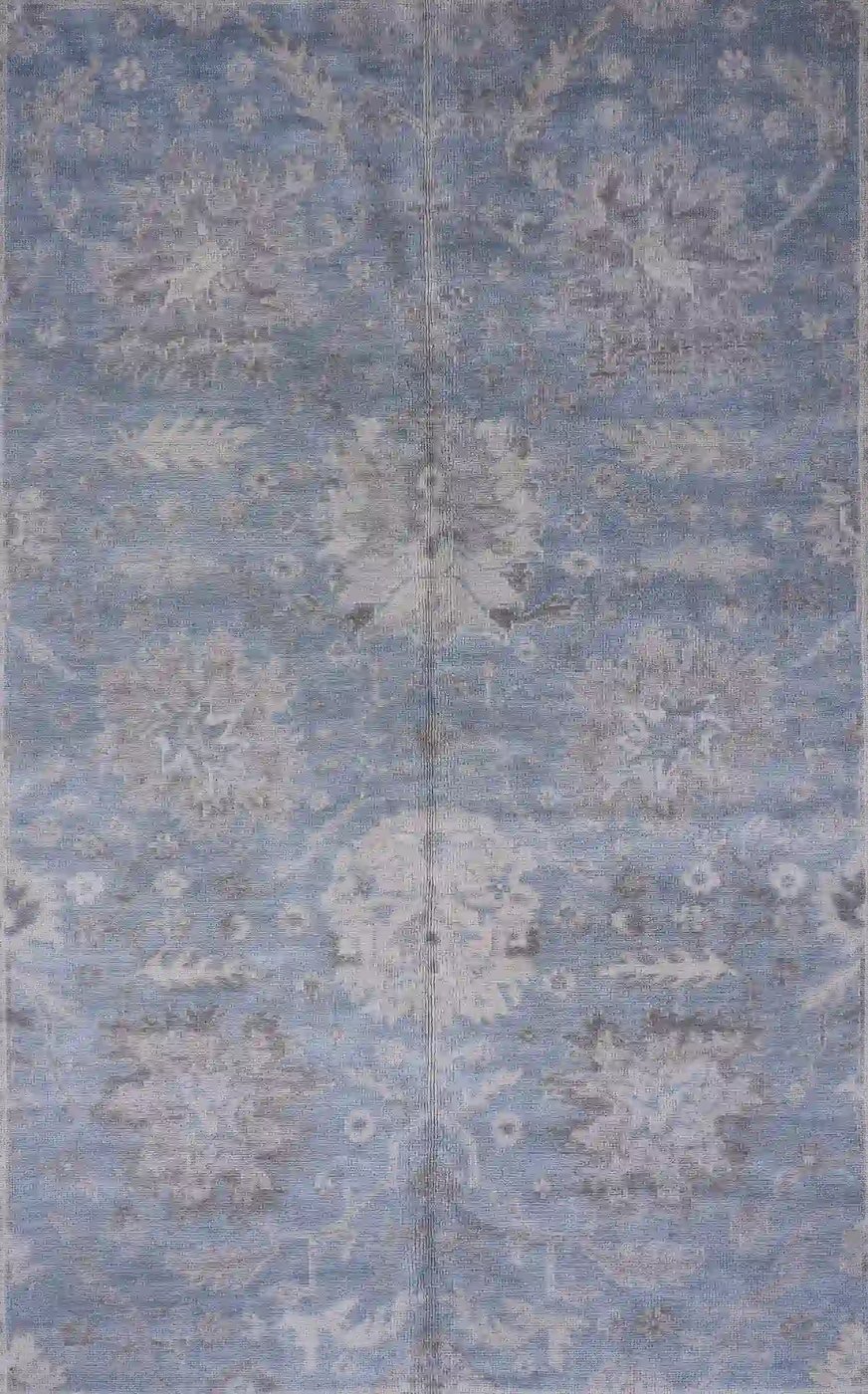 6′ x 9′ Blue Fine Hand-Knotted India Oushak Rug – Transitional Wool