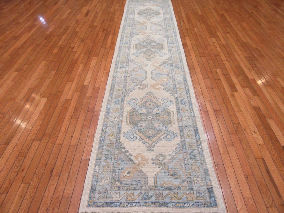 3′ x 13′ Turkey Ivory Oushak Runner Rug Transitional Hand Knotted Wool