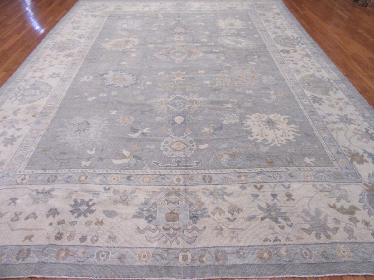 11′ x 15′ Soft Silver-Sage and Cream Hand-Knotted Fine Turkish Oushak Style Carpet – Premium Wool & Silk Blend
