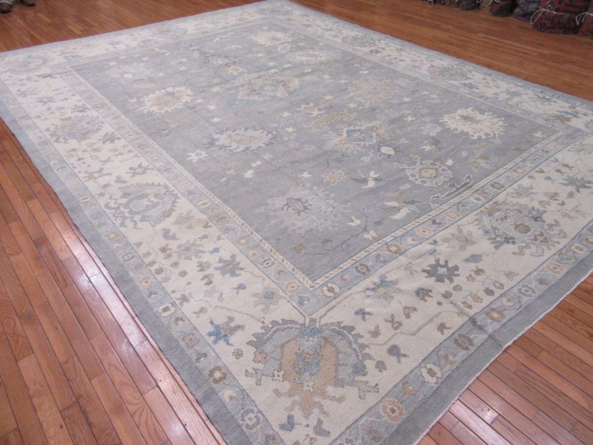 11′ x 15′ Soft Silver-Sage and Cream Hand-Knotted Fine Turkish Oushak Style Carpet – Premium Wool & Silk Blend