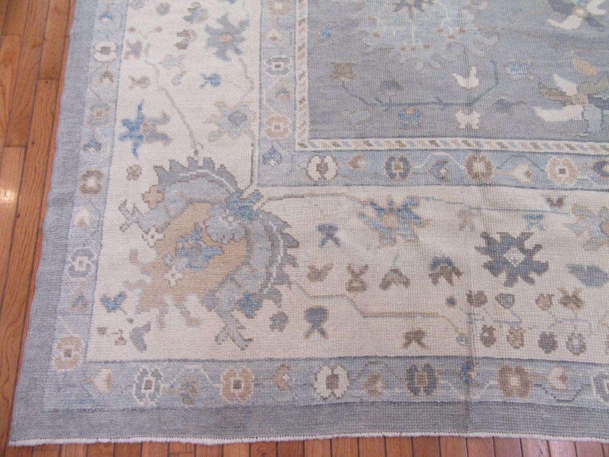 11′ x 15′ Soft Silver-Sage and Cream Hand-Knotted Fine Turkish Oushak Style Carpet – Premium Wool & Silk Blend