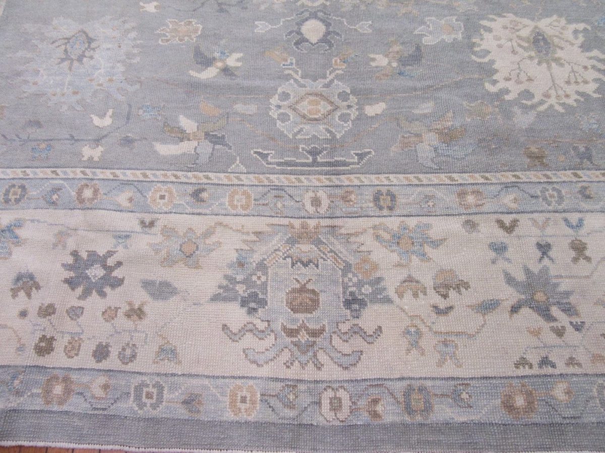 11′ x 15′ Soft Silver-Sage and Cream Hand-Knotted Fine Turkish Oushak Style Carpet – Premium Wool & Silk Blend