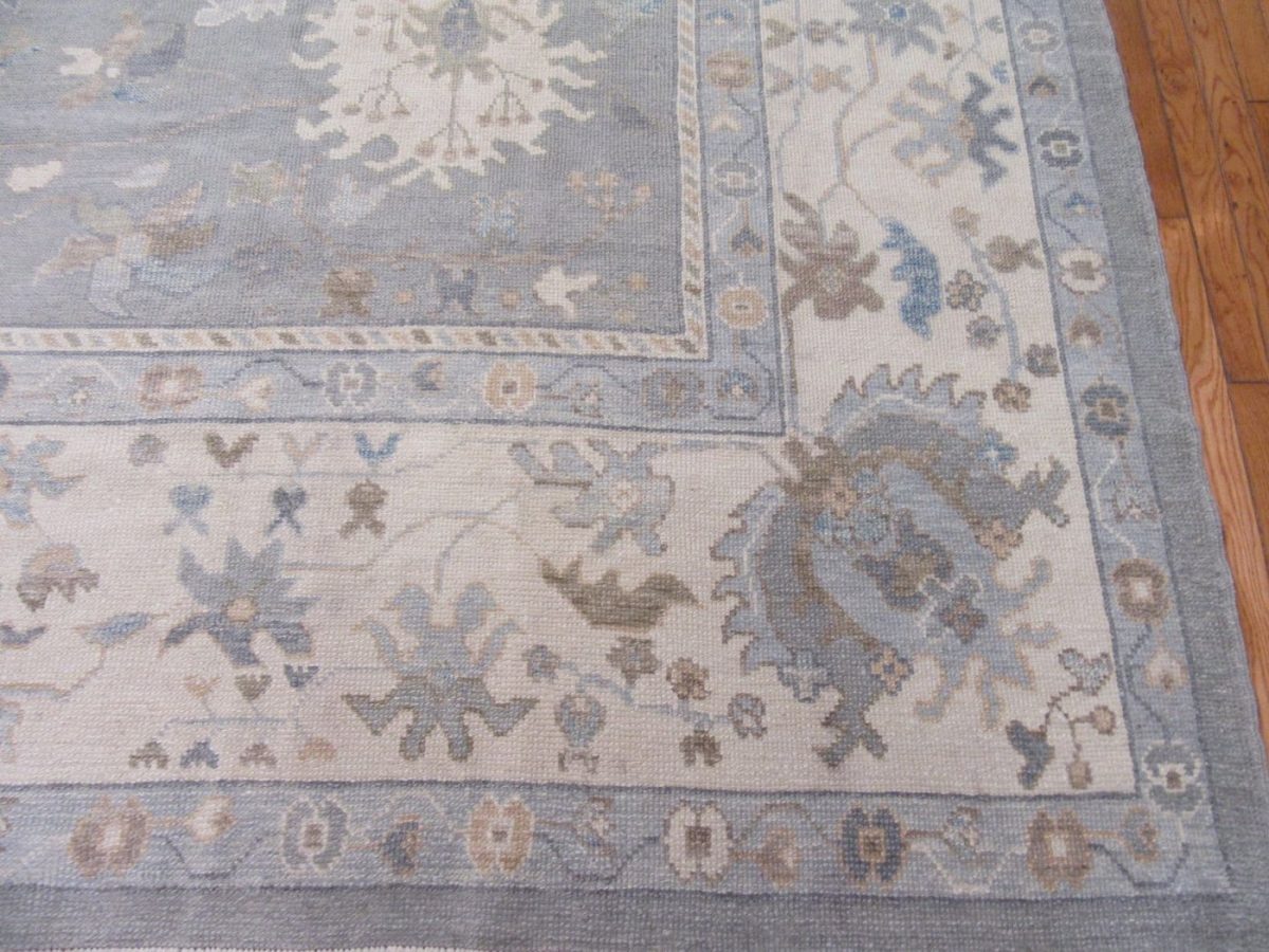 11′ x 15′ Soft Silver-Sage and Cream Hand-Knotted Fine Turkish Oushak Style Carpet – Premium Wool & Silk Blend