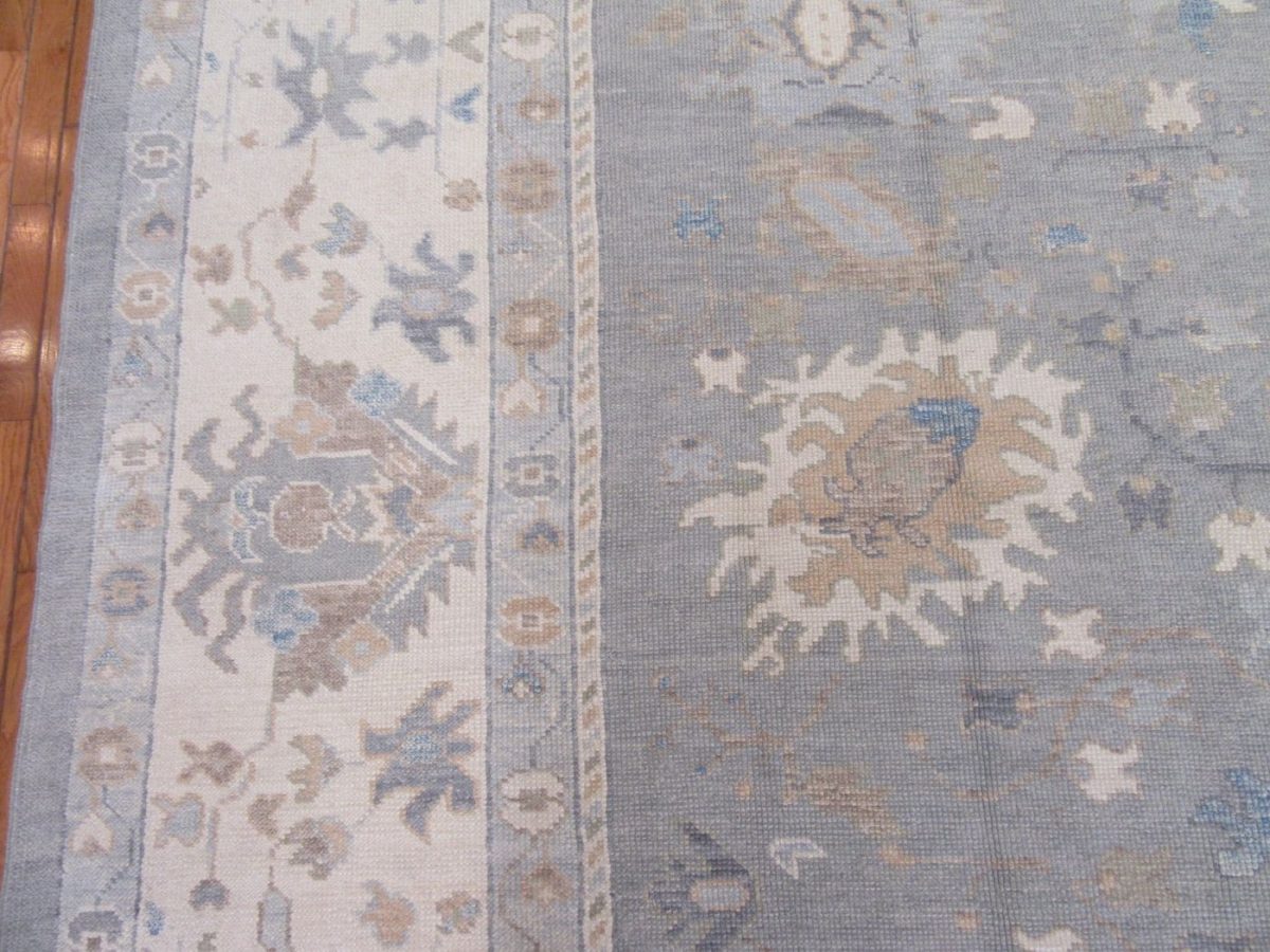11′ x 15′ Soft Silver-Sage and Cream Hand-Knotted Fine Turkish Oushak Style Carpet – Premium Wool & Silk Blend