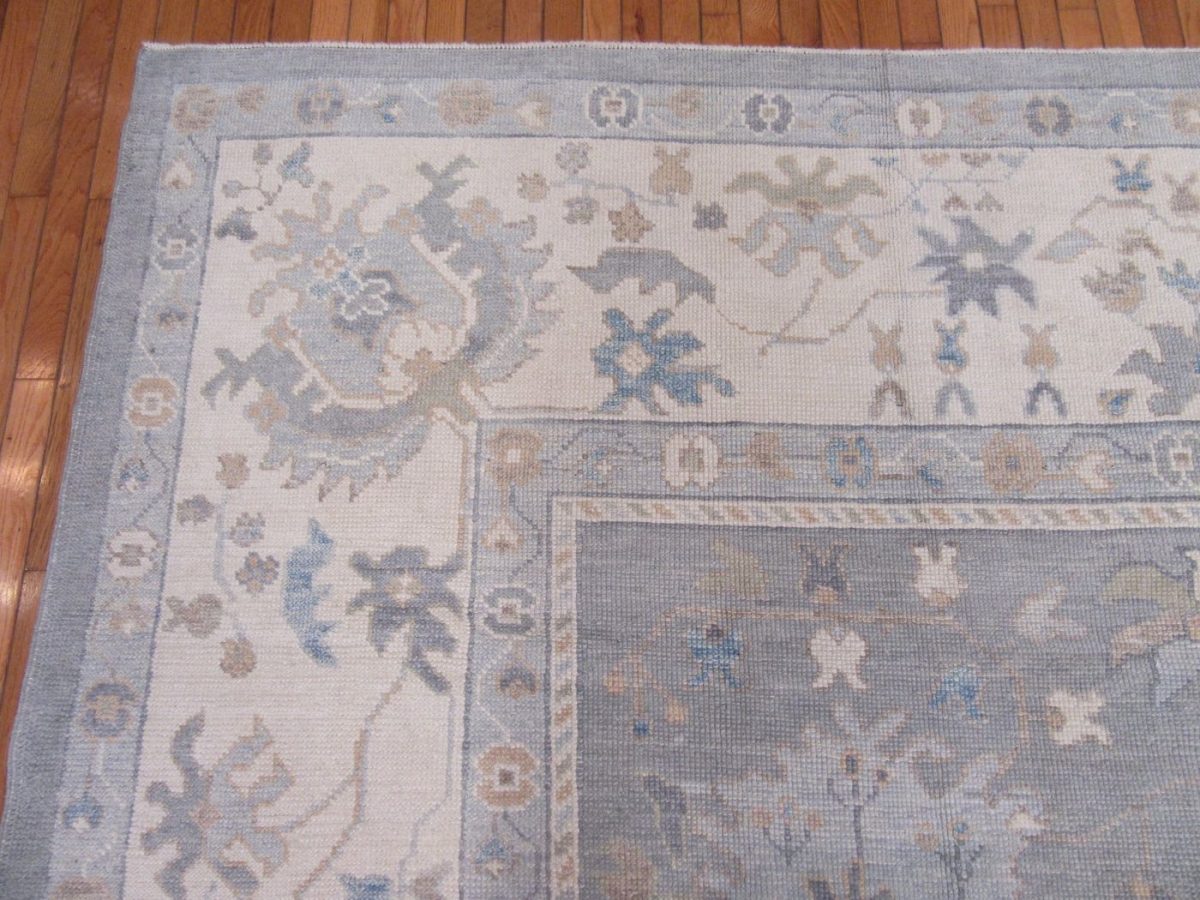11′ x 15′ Soft Silver-Sage and Cream Hand-Knotted Fine Turkish Oushak Style Carpet – Premium Wool & Silk Blend