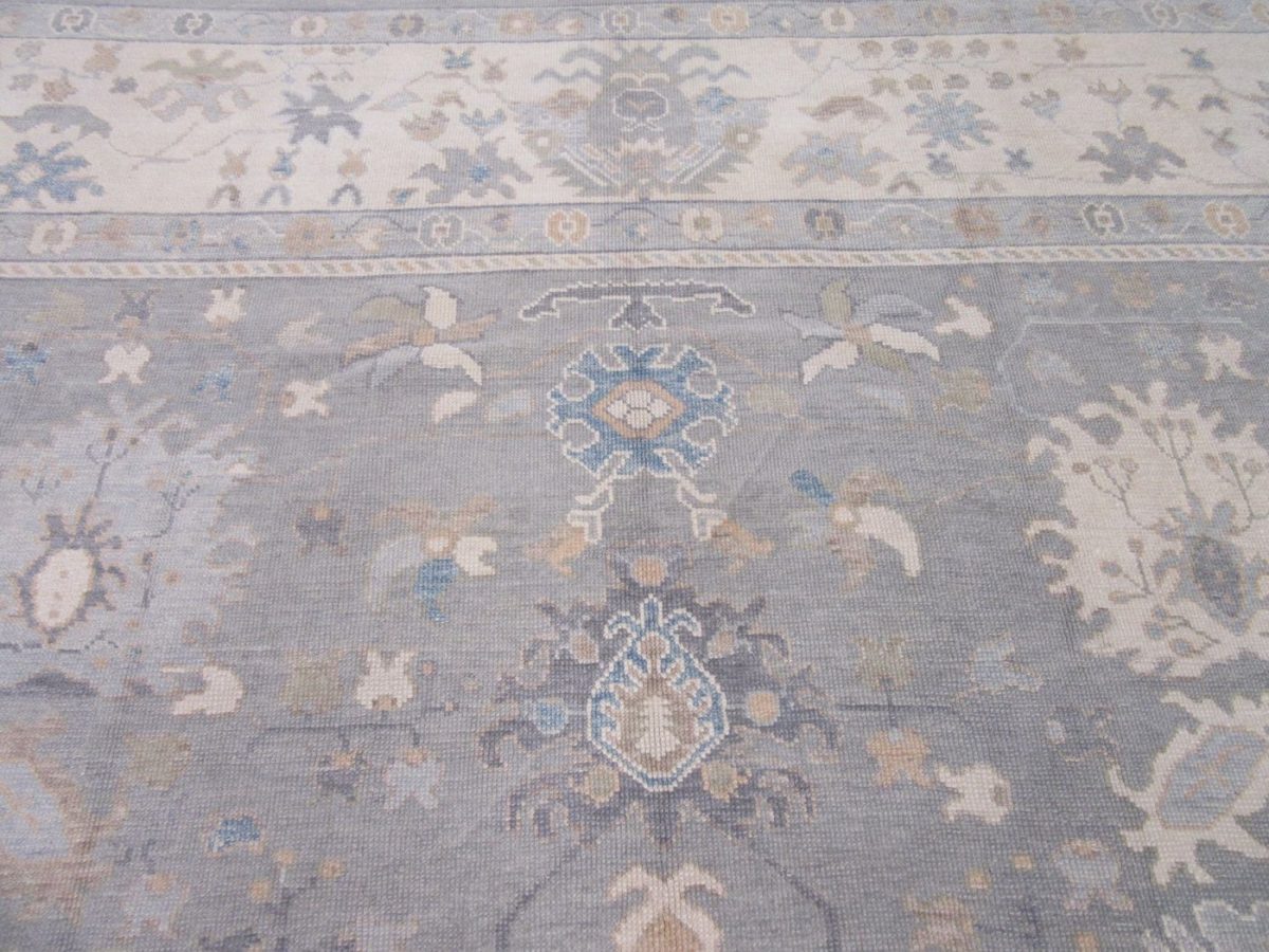 11′ x 15′ Soft Silver-Sage and Cream Hand-Knotted Fine Turkish Oushak Style Carpet – Premium Wool & Silk Blend