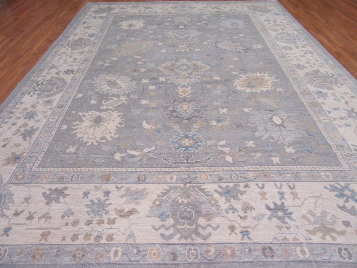11′ x 15′ Soft Silver-Sage and Cream Hand-Knotted Fine Turkish Oushak Style Carpet – Premium Wool & Silk Blend