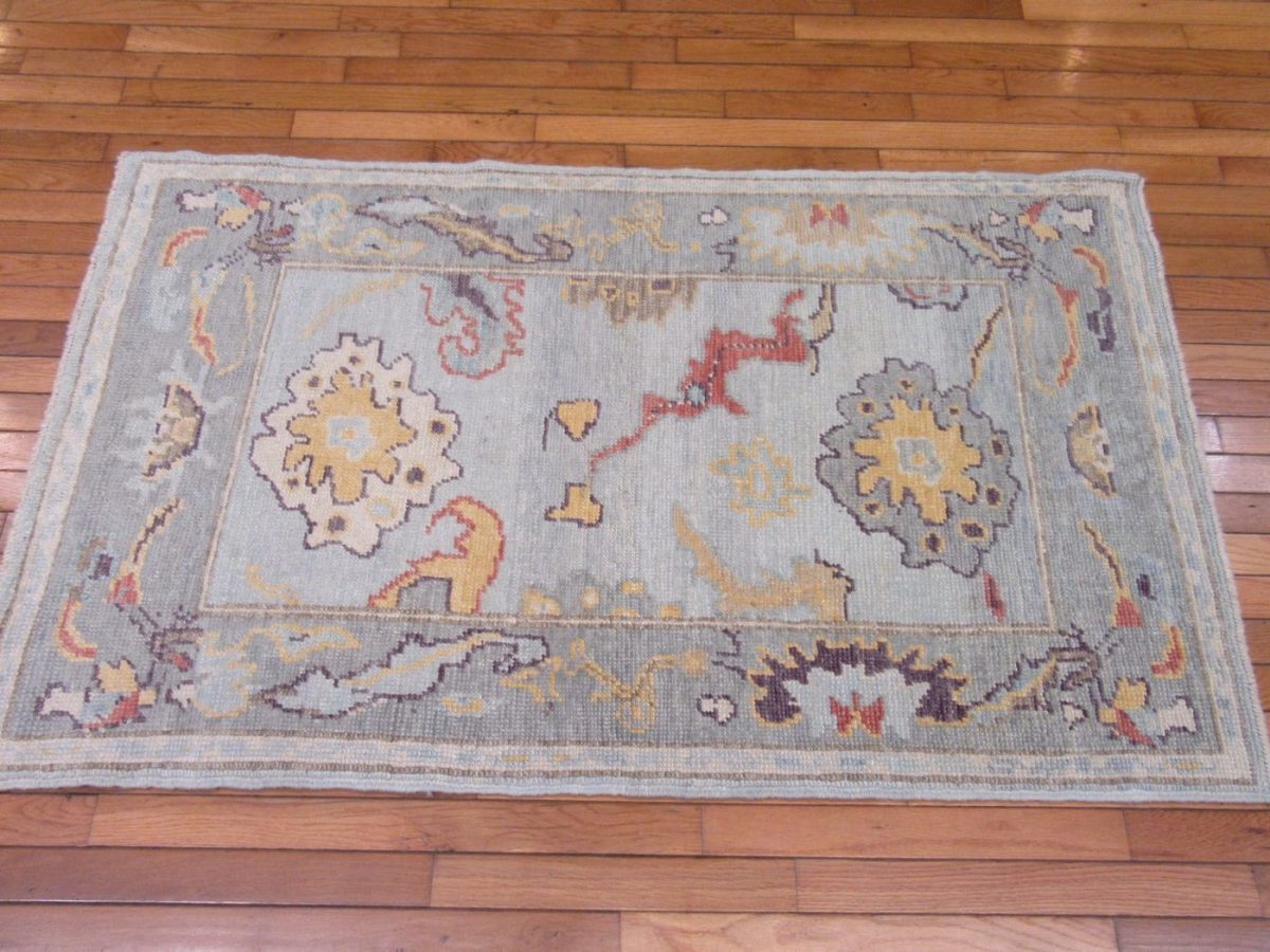 3′ x 5′ Light Blue Turkish Oushak Rug Hand Knotted Wool