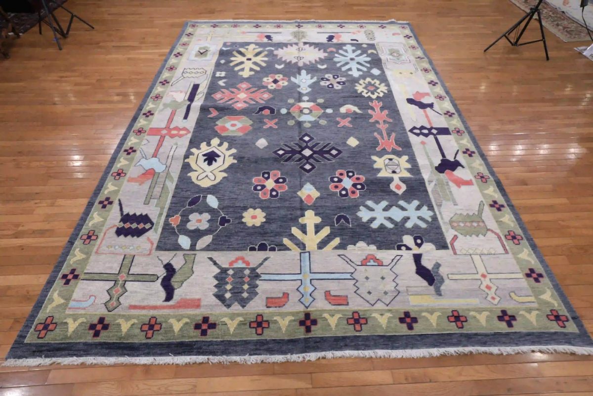 9′ x 12′ Charcoal Grey Hand-Knotted New Turkish Oushak Rug – Transitional Wool