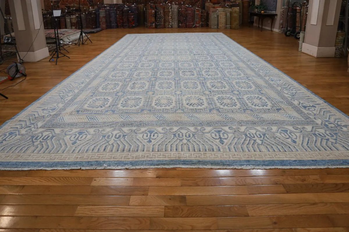 13′ x 18′ Pale Blue Fine Hand-Knotted Pakistani Khotan Rug – Transitional Wool
