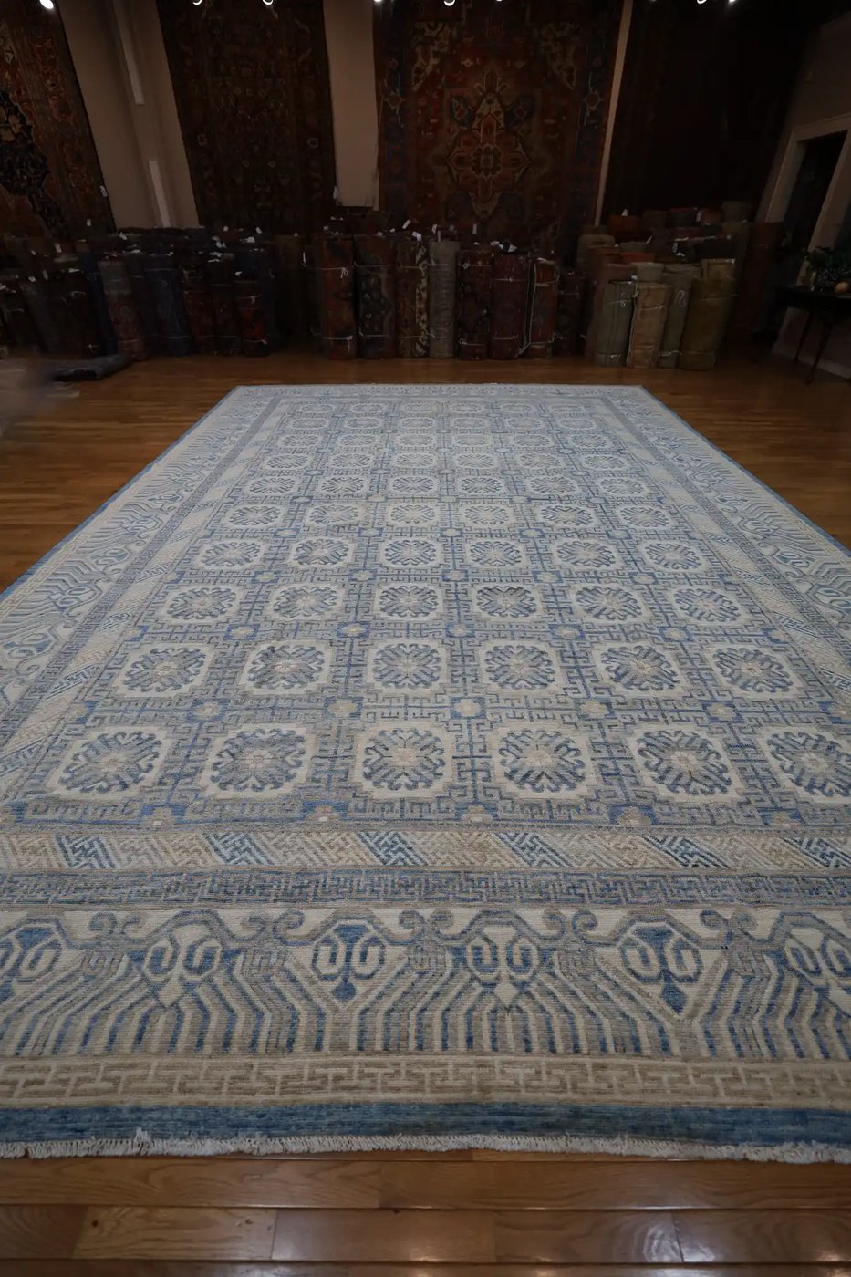 13′ x 18′ Pale Blue Fine Hand-Knotted Pakistani Khotan Rug – Transitional Wool