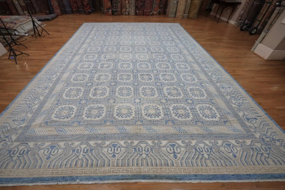 13′ x 18′ Pale Blue Fine Hand-Knotted Pakistani Khotan Rug – Transitional Wool