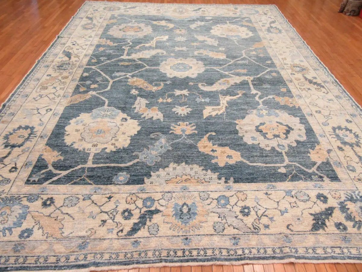 11′ x 15′ Slate Blue Fine Hand-Knotted New Turkish Oushak Rug – Traditional Wool