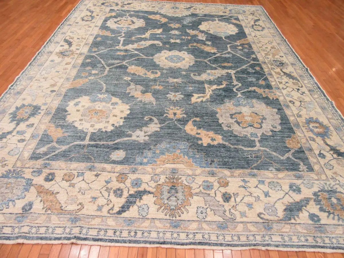 11′ x 15′ Slate Blue Fine Hand-Knotted New Turkish Oushak Rug – Traditional Wool