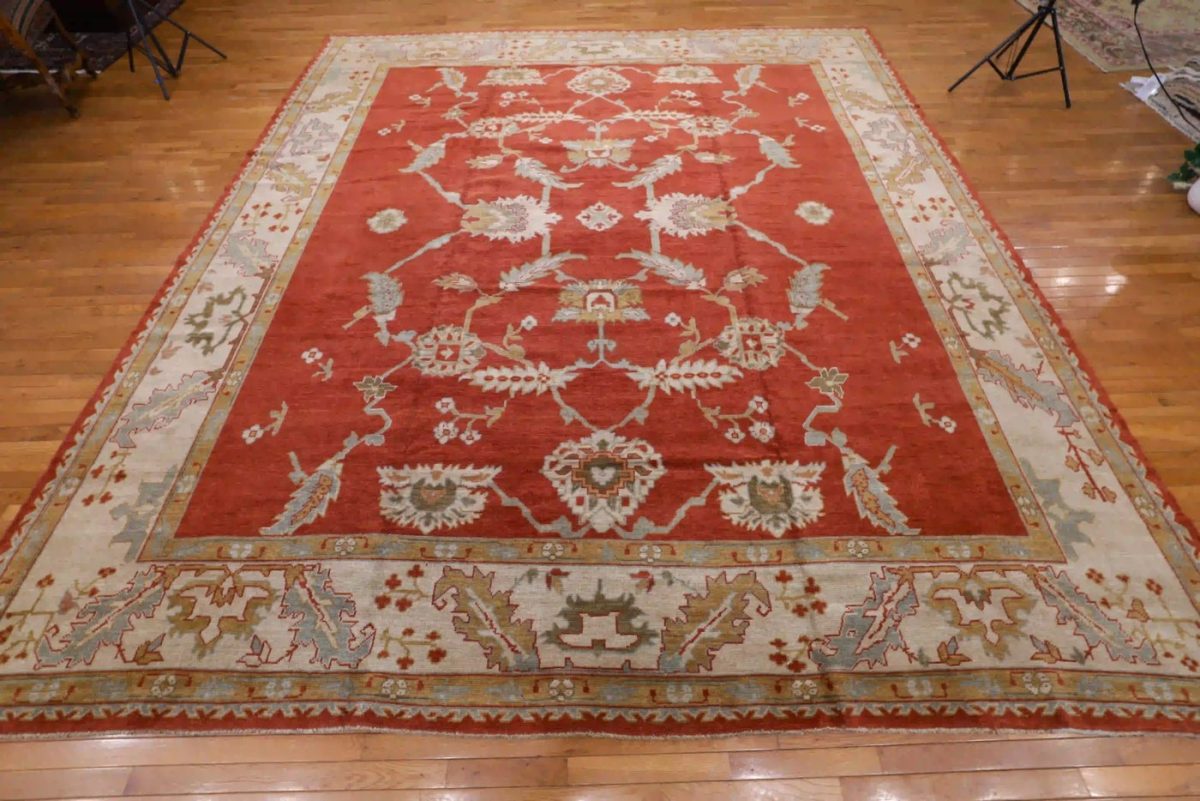 12′ x 13′ Red Fine Hand-Knotted Turkish Oushak Rug – Traditional Wool
