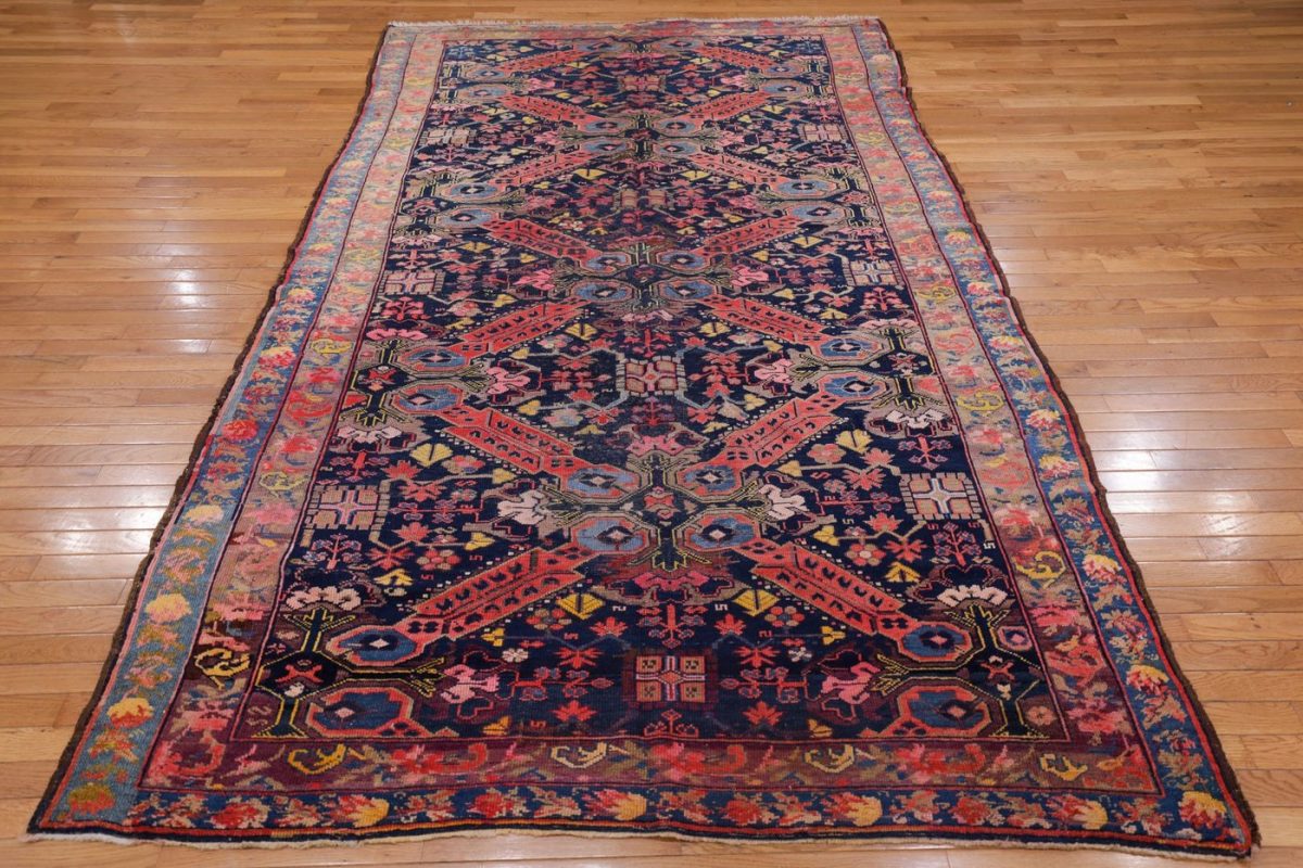 6′ x 10′ Midnight Indigo and Coral Red Hand-Knotted Antique Caucasian Seychur St. Andrew’s Cross Rug – Collector’s Wool