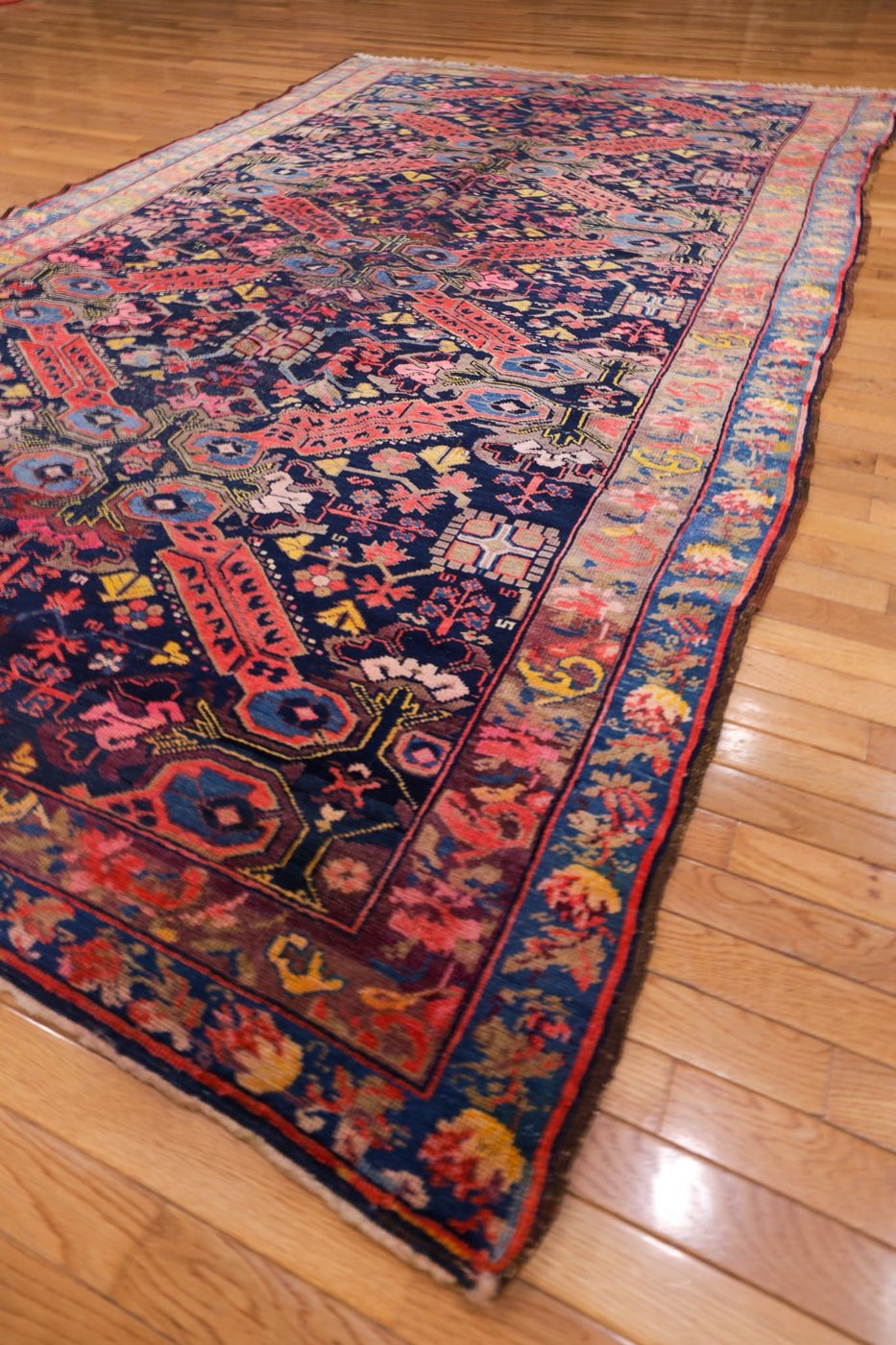 6′ x 10′ Midnight Indigo and Coral Red Hand-Knotted Antique Caucasian Seychur St. Andrew’s Cross Rug – Collector’s Wool