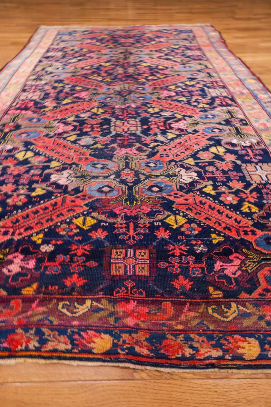 6′ x 10′ Midnight Indigo and Coral Red Hand-Knotted Antique Caucasian Seychur St. Andrew’s Cross Rug – Collector’s Wool