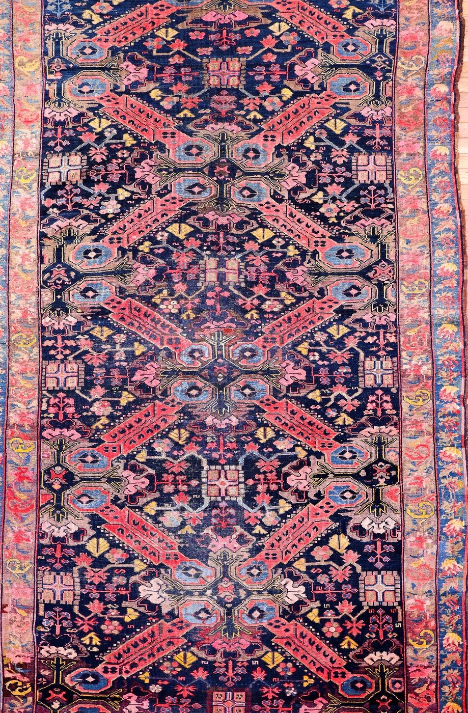 6′ x 10′ Midnight Indigo and Coral Red Hand-Knotted Antique Caucasian Seychur St. Andrew’s Cross Rug – Collector’s Wool