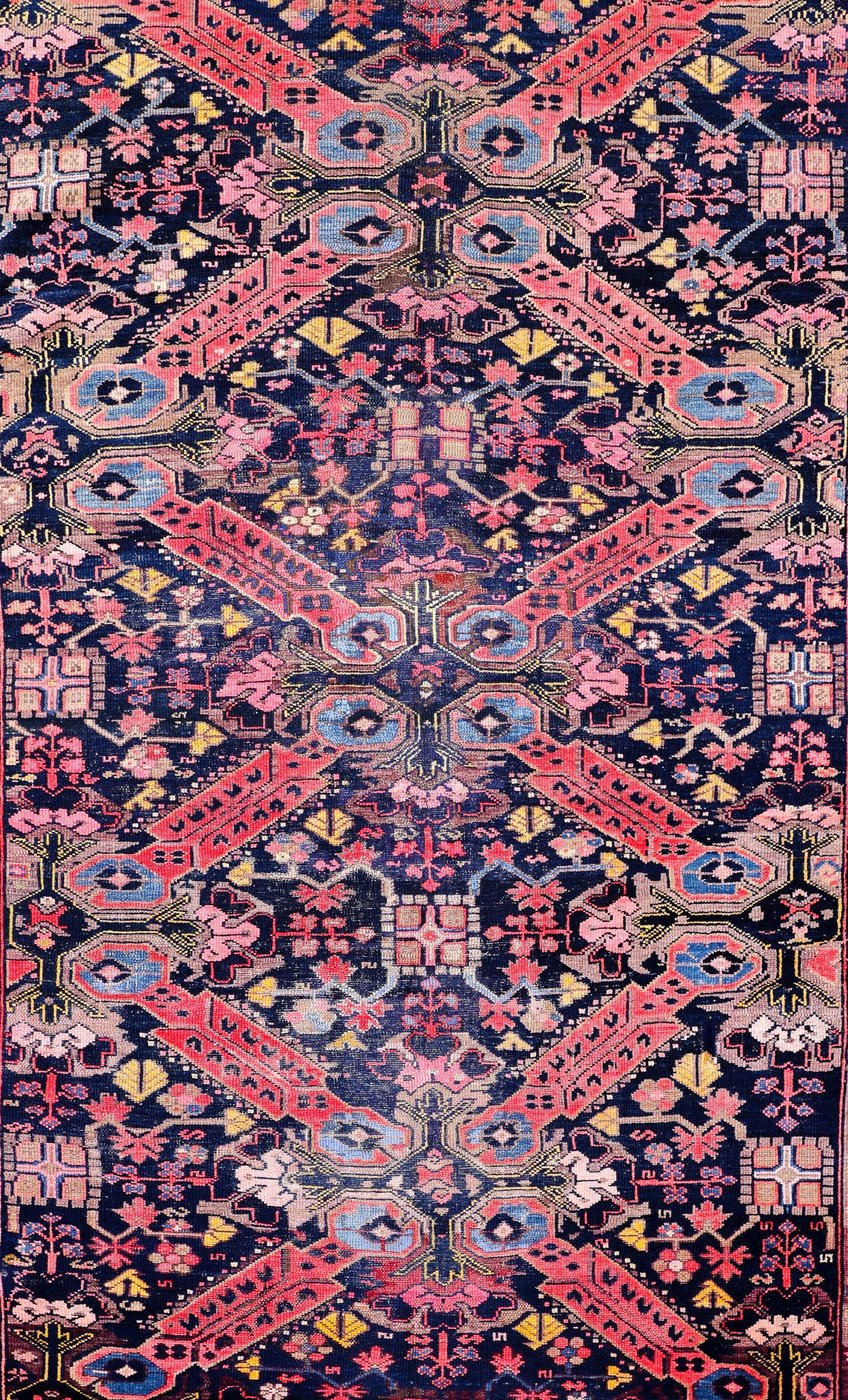 6′ x 10′ Midnight Indigo and Coral Red Hand-Knotted Antique Caucasian Seychur St. Andrew’s Cross Rug – Collector’s Wool
