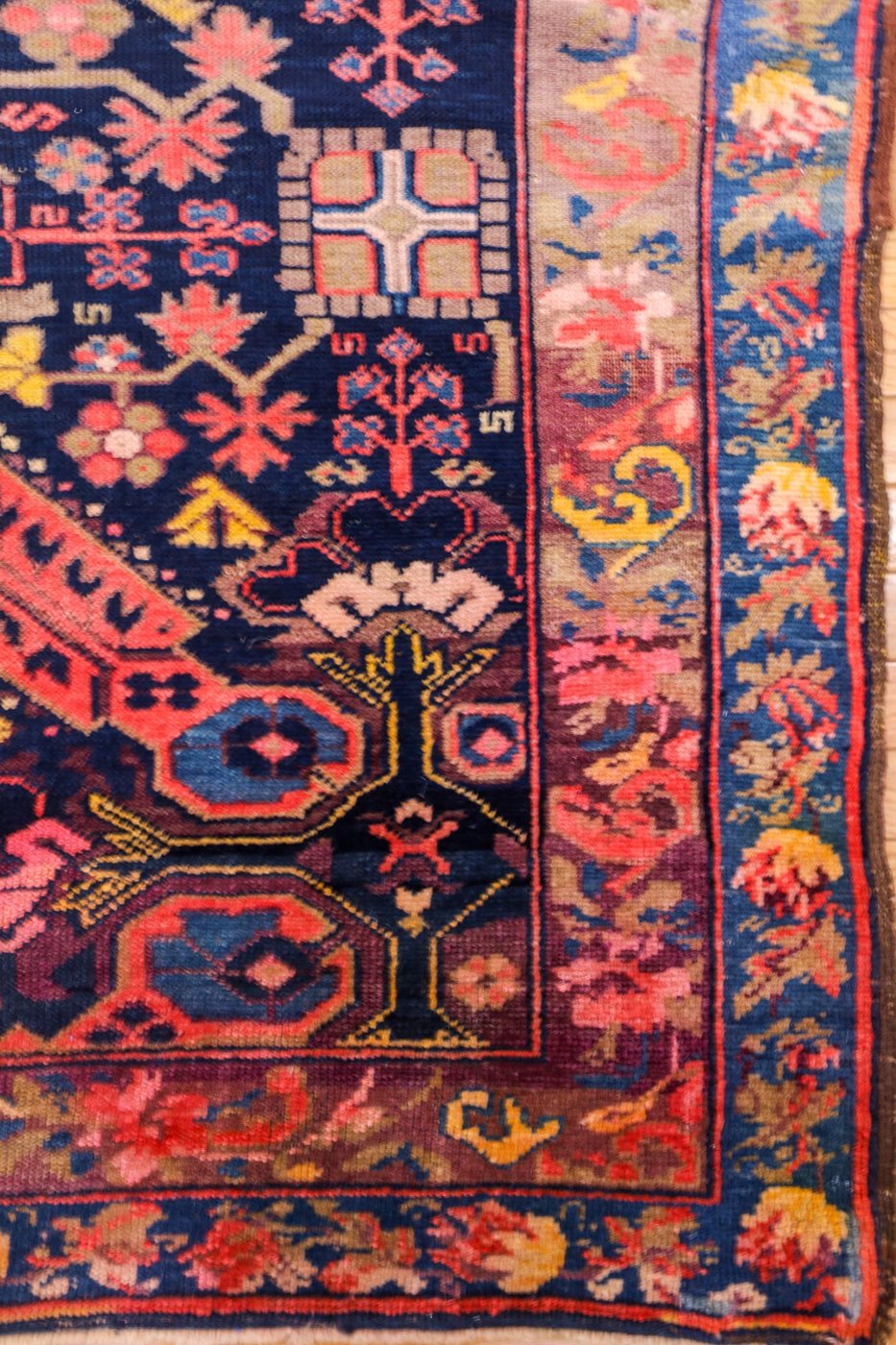 6′ x 10′ Midnight Indigo and Coral Red Hand-Knotted Antique Caucasian Seychur St. Andrew’s Cross Rug – Collector’s Wool