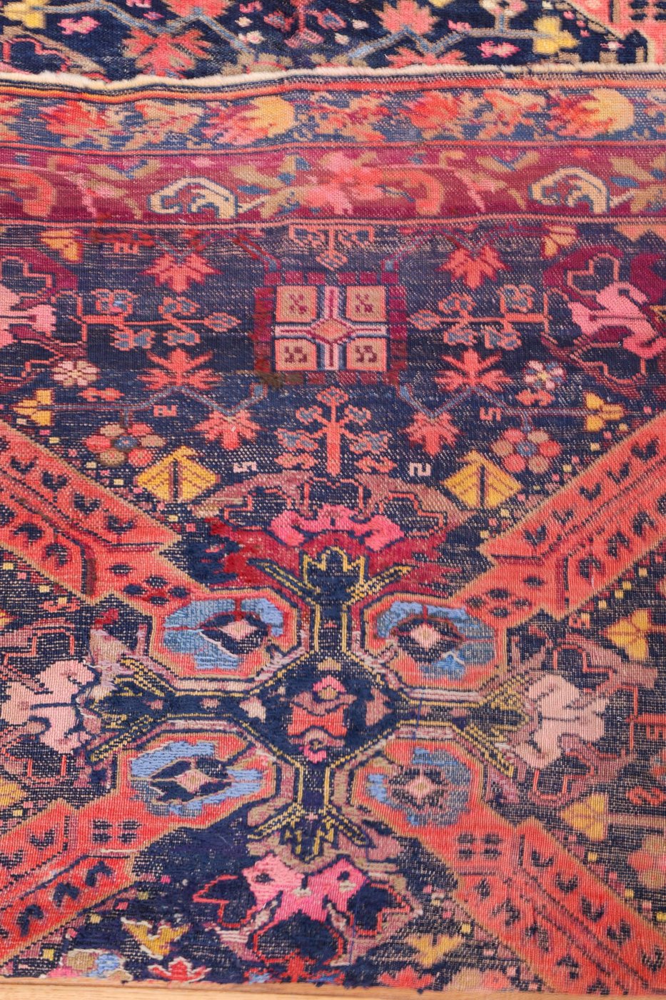 6′ x 10′ Midnight Indigo and Coral Red Hand-Knotted Antique Caucasian Seychur St. Andrew’s Cross Rug – Collector’s Wool