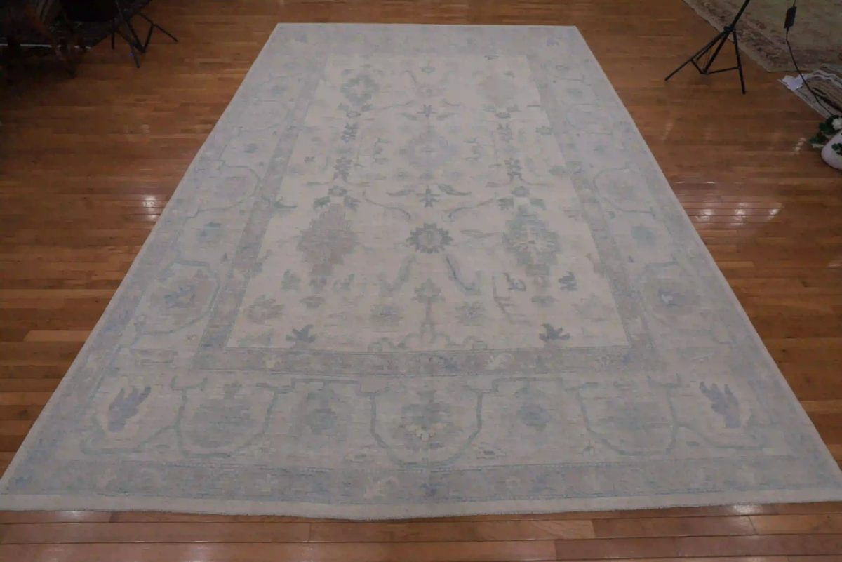 10′ x 14′ Silver Fine Hand-Knotted Afghan Oushak Rug – Transitional Wool