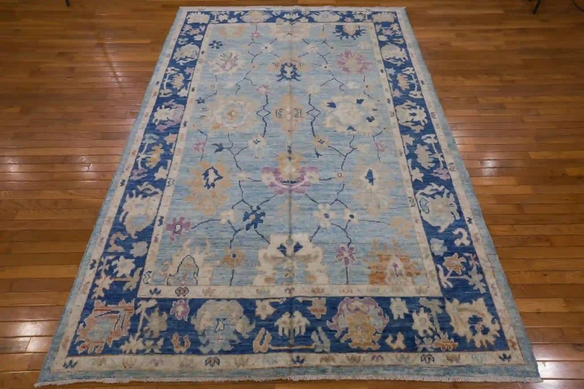 6′ x 9′ Light Blue Hand-Knotted New Turkish Oushak Rug – Contemporary Wool