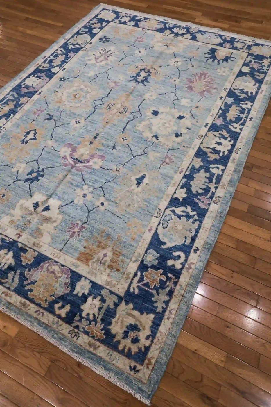 6′ x 9′ Light Blue Hand-Knotted New Turkish Oushak Rug – Contemporary Wool