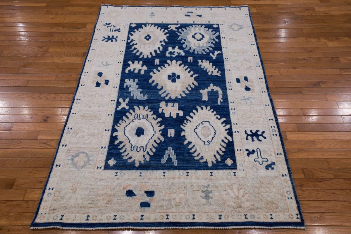 4′ x 6′ Blue Fine Hand-Knotted Turkish Oushak Rug – Transitional Wool