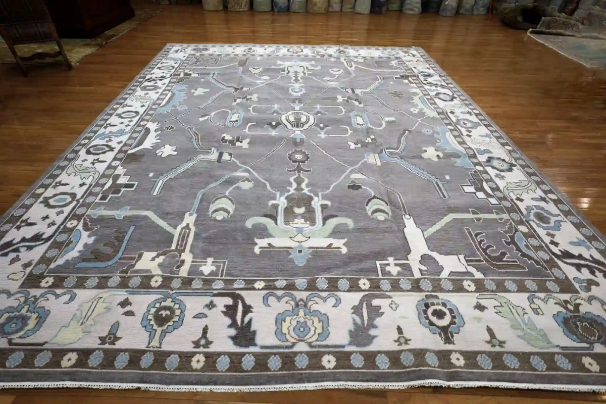 12′ x 15′ Gray Fine Hand-Knotted Indian Oushak Rug – Traditional Wool