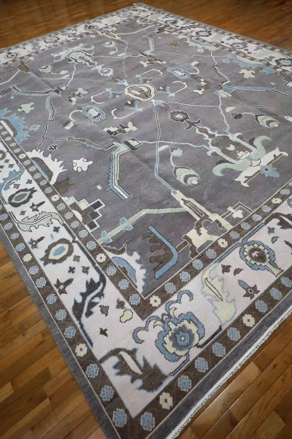 12′ x 15′ Gray Fine Hand-Knotted Indian Oushak Rug – Traditional Wool