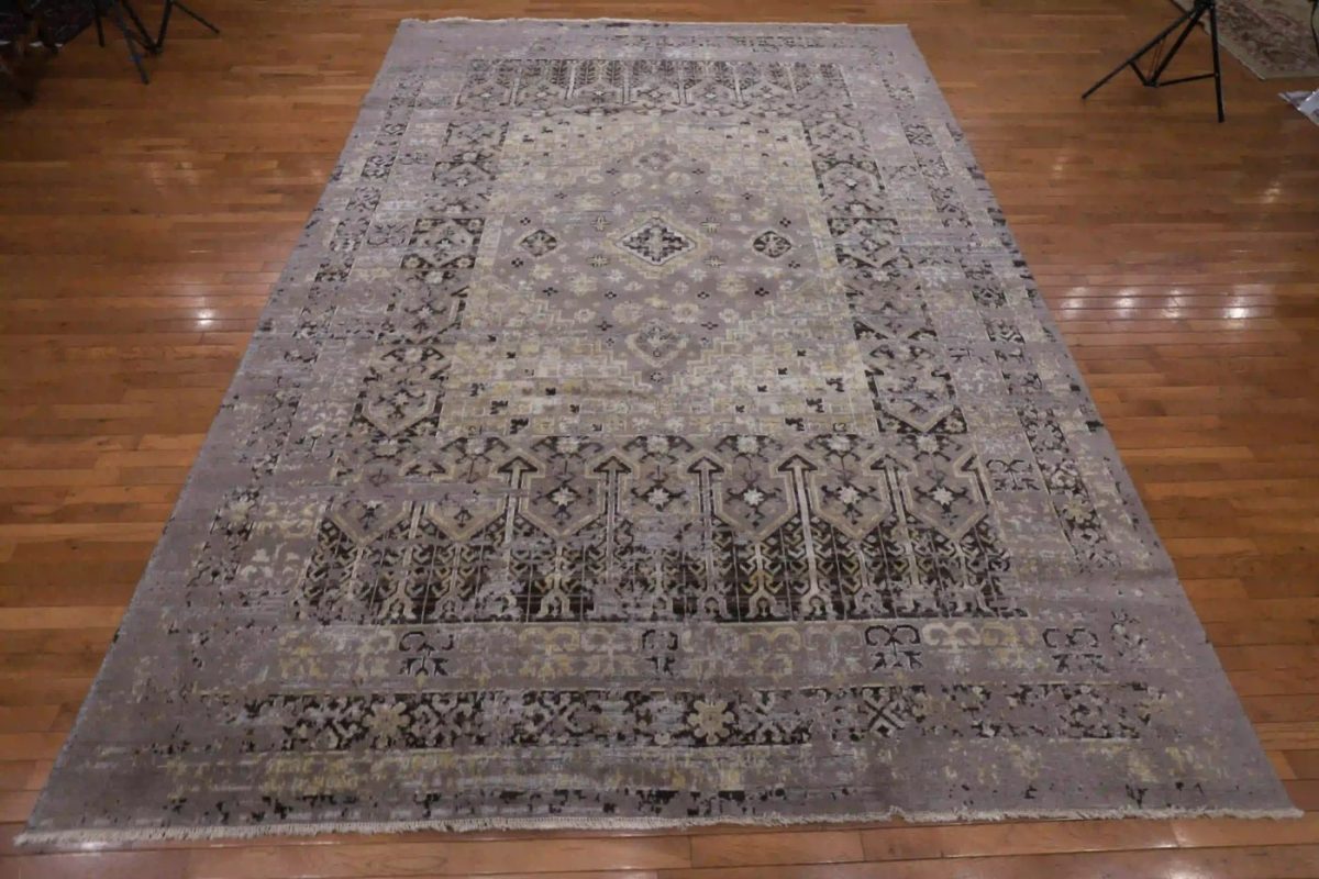 9′ x 12′ Grey Fine Hand-Knotted Indian Contemporary Rug – Transitional Wool