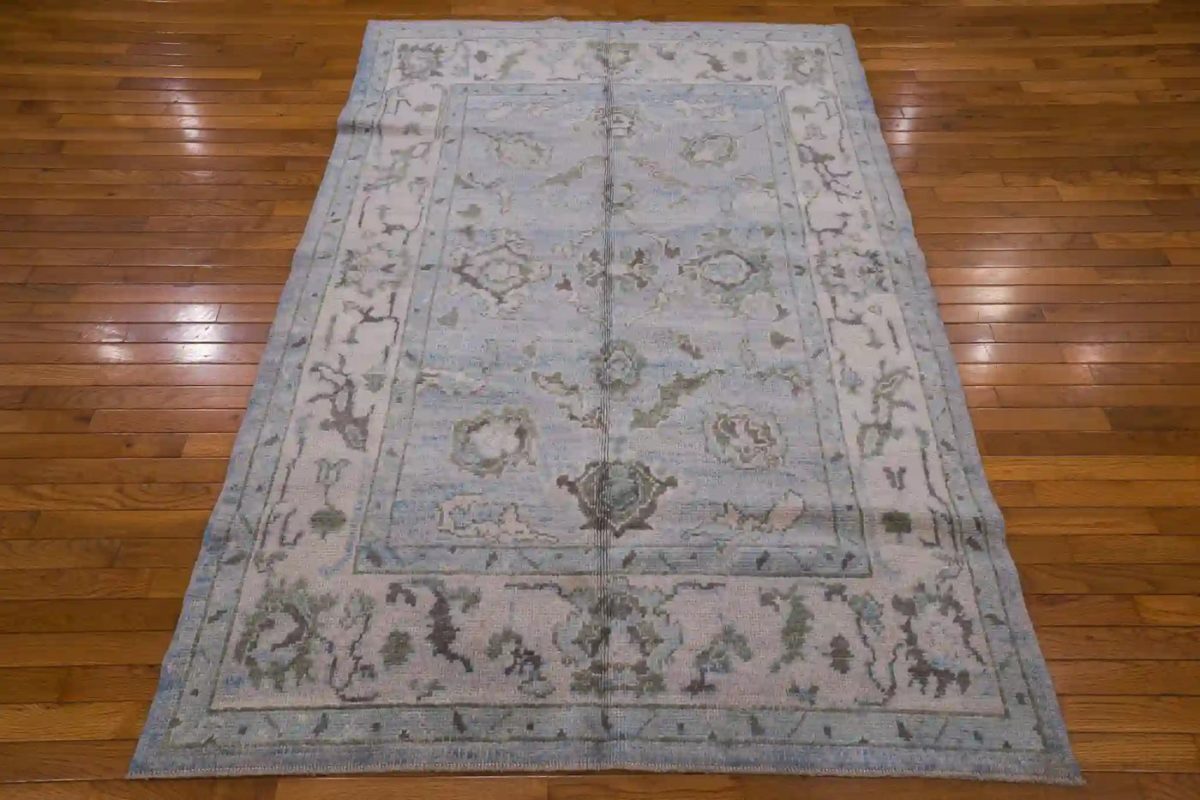 5′ x 7′ Blue Fine Hand-Knotted Turkish Oushak Rug – Transitional Wool