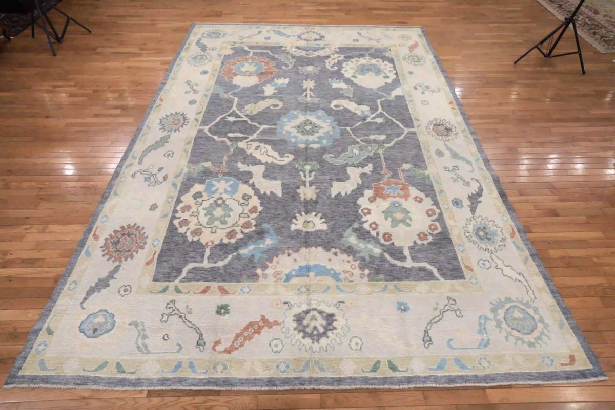 9′ x 12′ Slate Fine Hand-Knotted Turkish Oushak Rug – Traditional Wool