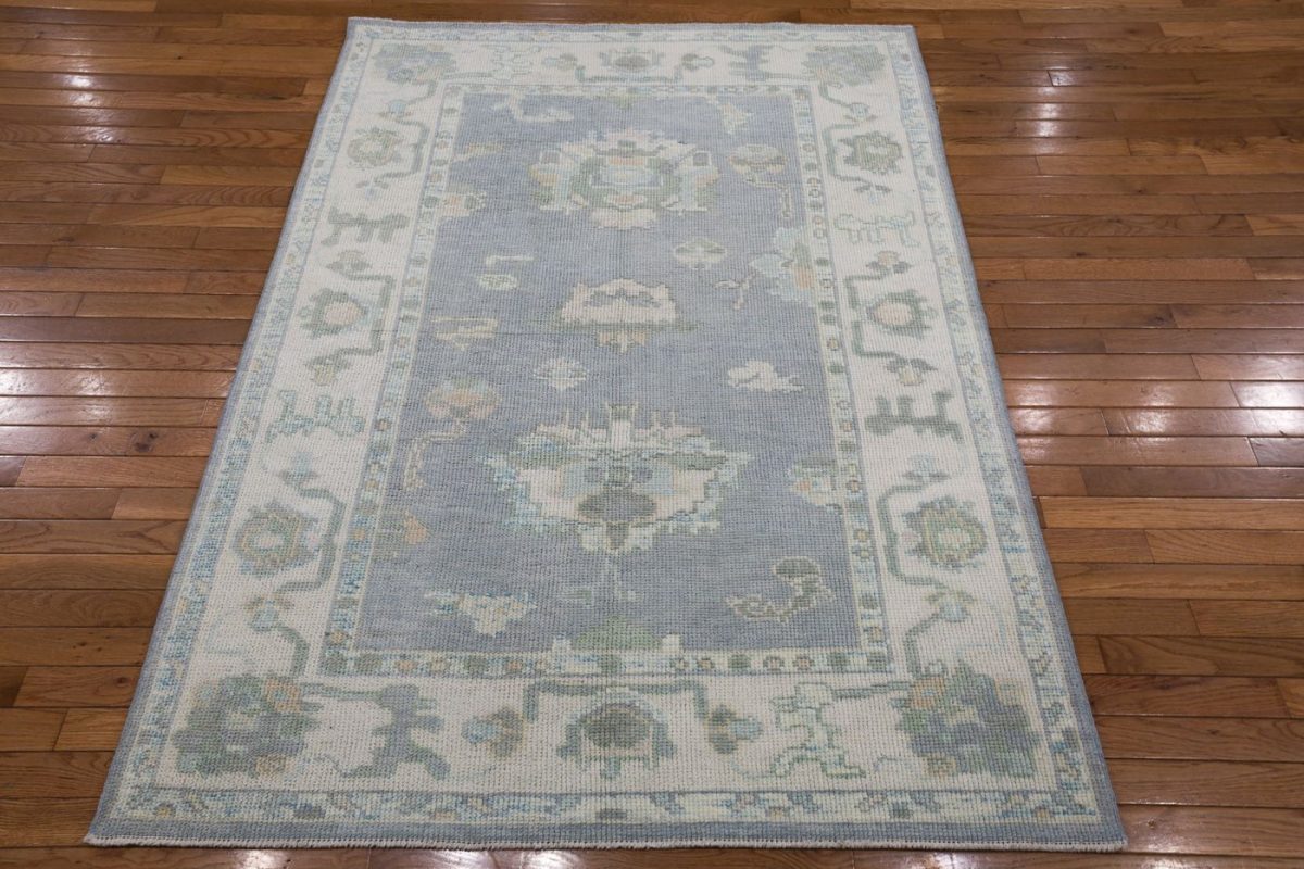 4′ x 6′ Slate Blue Fine Hand-Knotted Turkish Oushak Rug – Transitional Wool