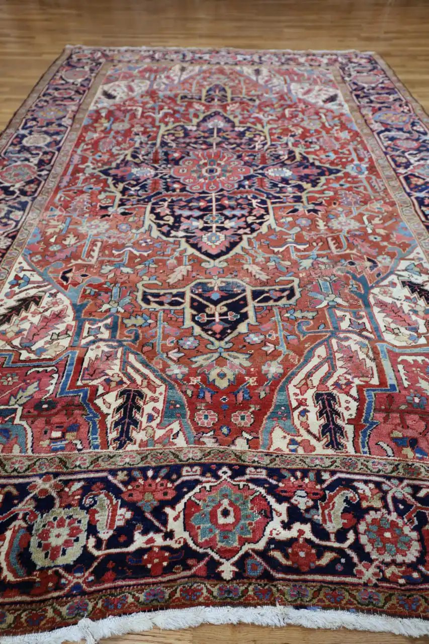 8′ x 12′ Rust Red Hand-Knotted Semi-Antique Persian Heriz Rug – Traditional Wool