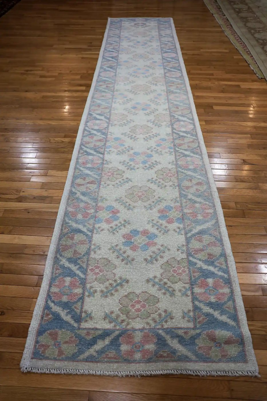 3′ x 15′ Light Blue Fine Hand-Knotted Turkish Oushak Runner Rug – Traditional Wool
