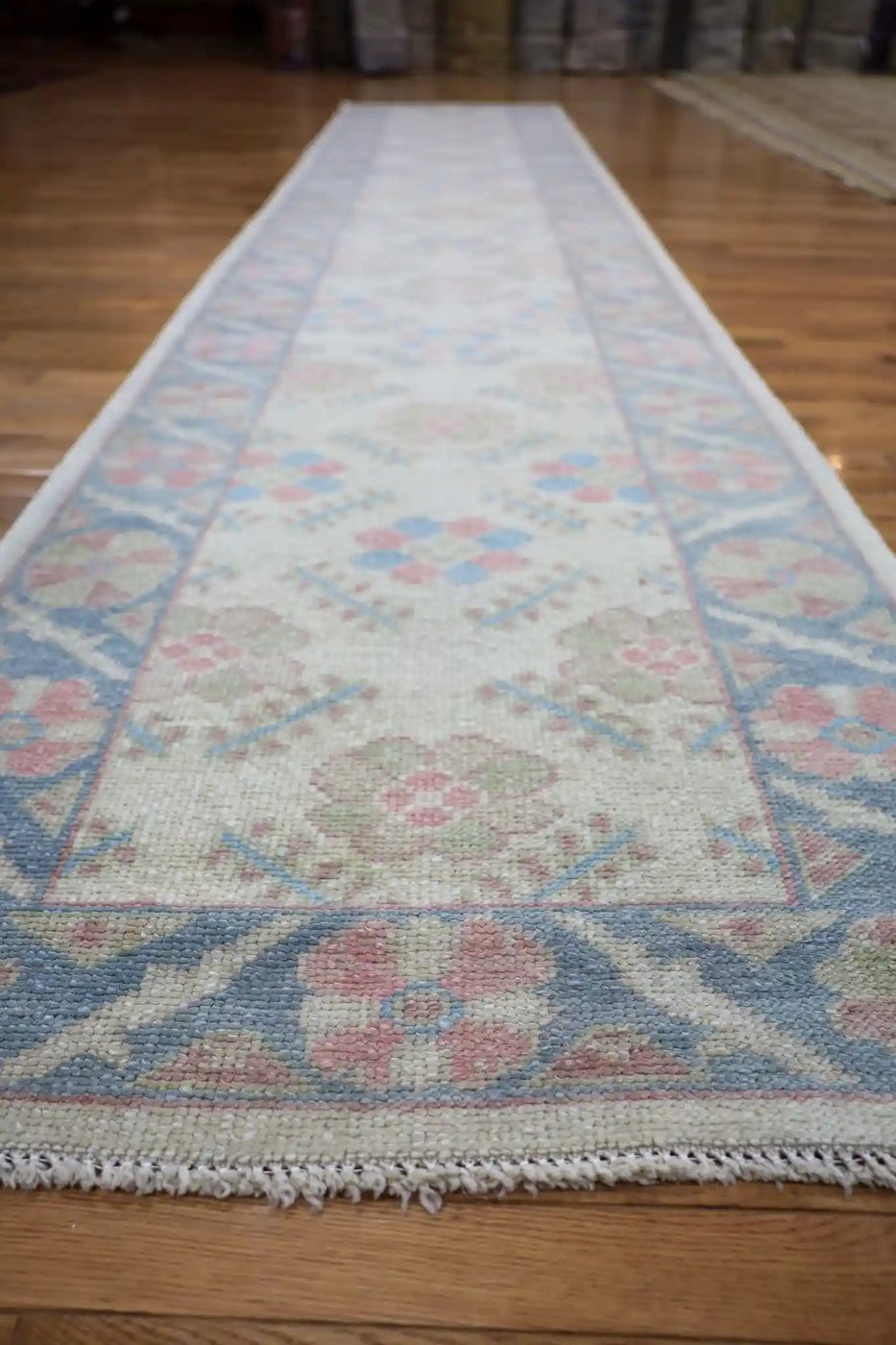 3′ x 15′ Light Blue Fine Hand-Knotted Turkish Oushak Runner Rug – Traditional Wool
